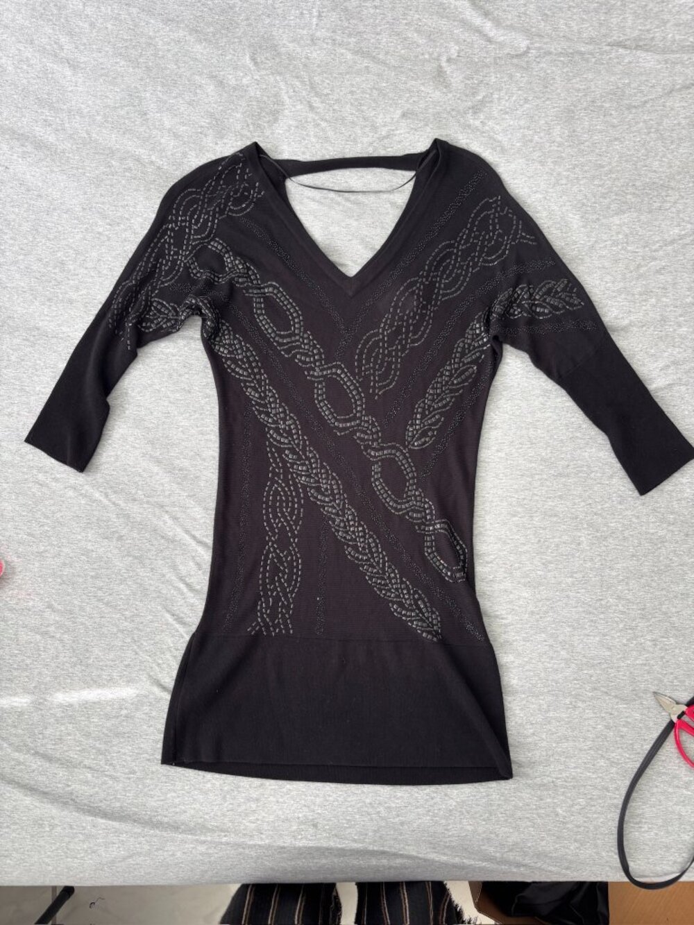 Vintage Cache Black Studded Sweater Dress XS Y2K Open Back V Neck Party NWT